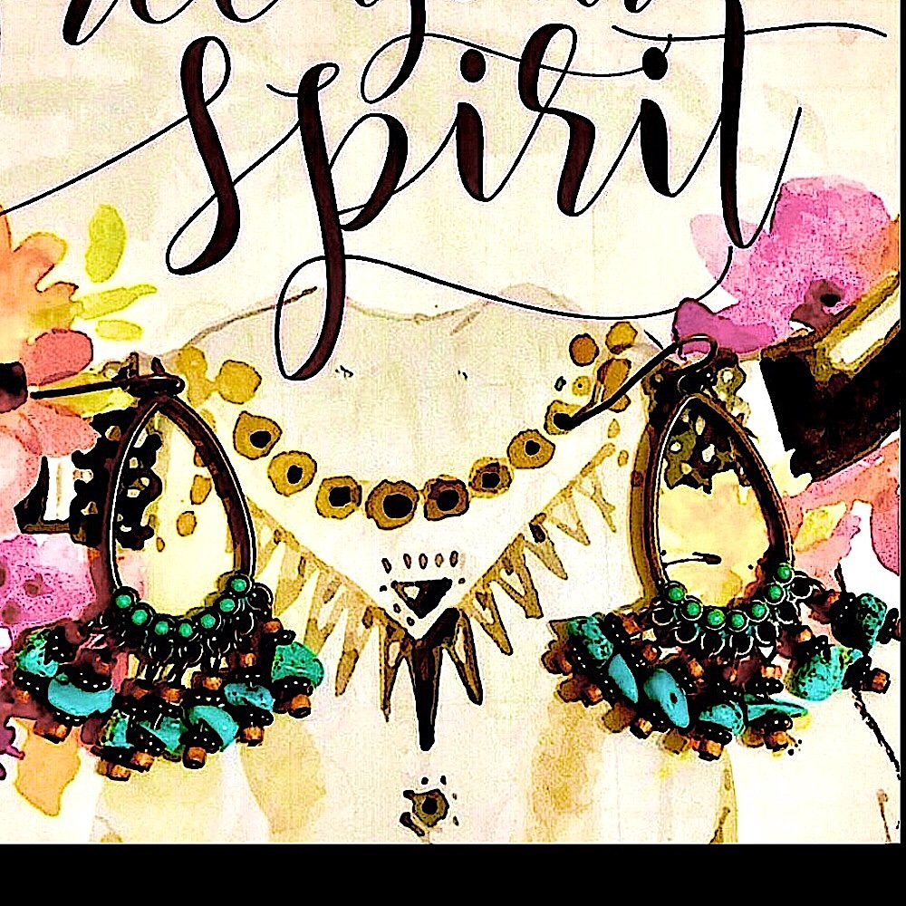 TURQUOISE STONE EARRINGS ON LONG BRASS TEAR DROPS & FRENCH WIRES WESTERN COWGIRL